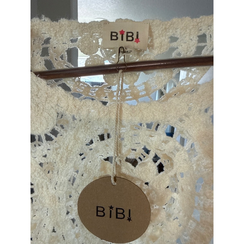 BIBI Womens Oatmeal Crochet Lace Fringe Cropped Sweater Boho Long Sleeve Large - Picture 5 of 5